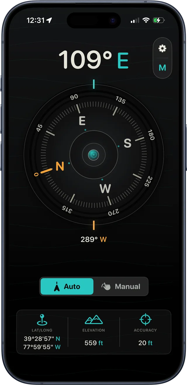 PointCompass in Auto mode showing a live heading of 109 degrees east and a reciprocal of 289 degrees west