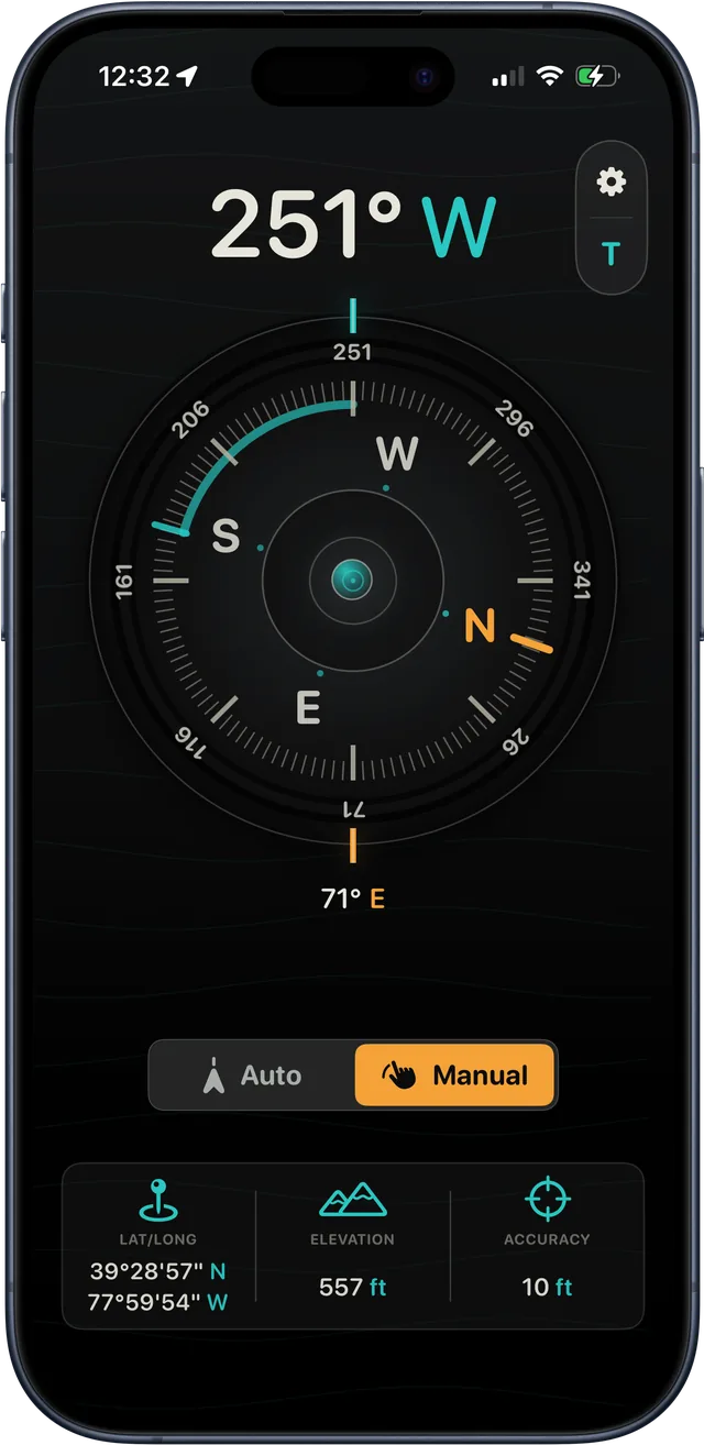 PointCompass in Manual mode with a bearing locked at 251 degrees west and a reciprocal of 71 degrees east
