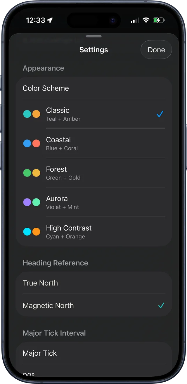 PointCompass settings showing color scheme, heading reference and major tick interval options